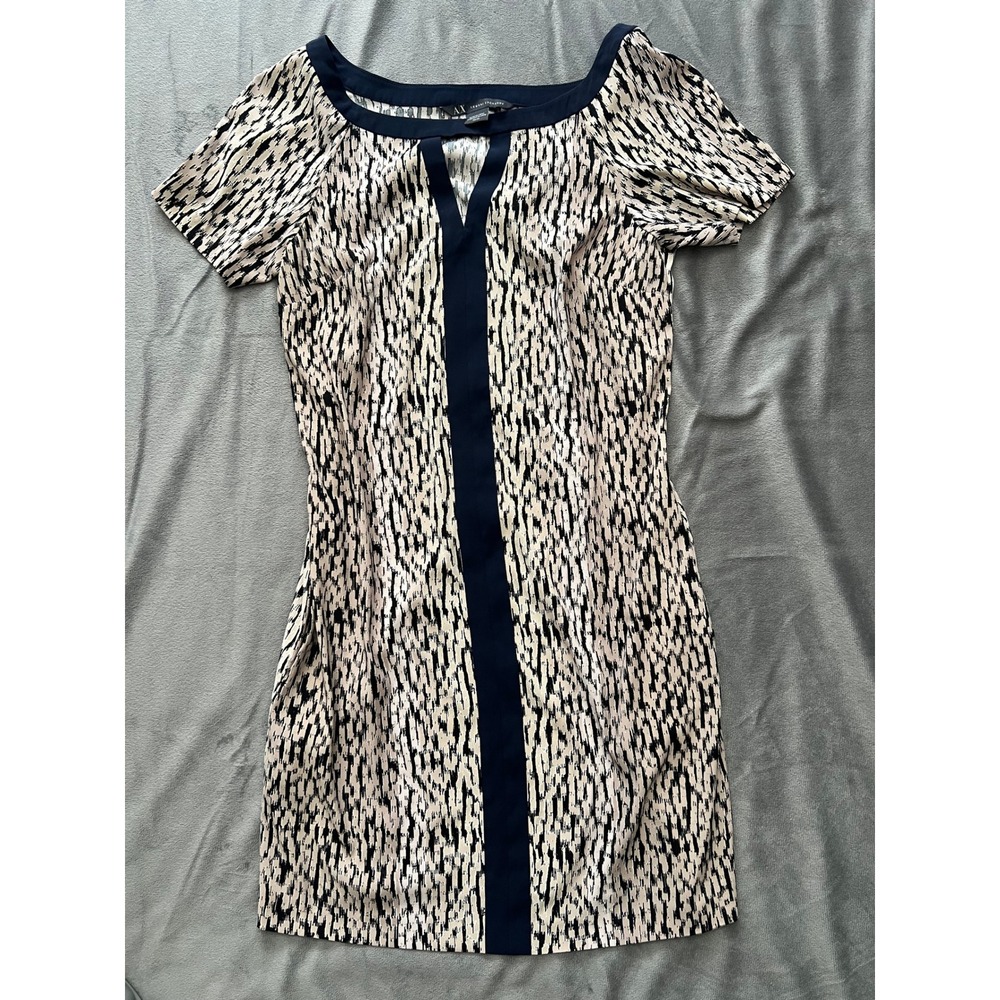 Armani Exchange Navy Cream Abstract Print Short Sleeve Shift Dress Size P0